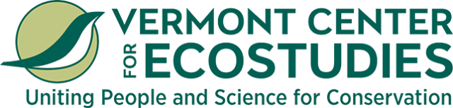 Logo with abstract bird illustration reads "Vermont Center for Ecostudies" over "Uniting People and Science for Conservation.".
