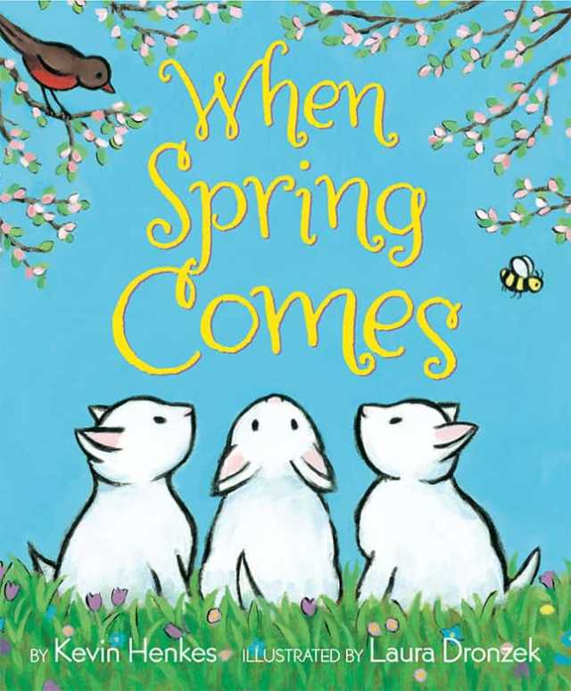 Cover of book, "When Spring Comes" illustration of 3 white kittens in the grass 