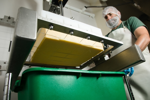 A worker in a hairnet uses a machine to slice a large block of cheddar into smaller pieces.