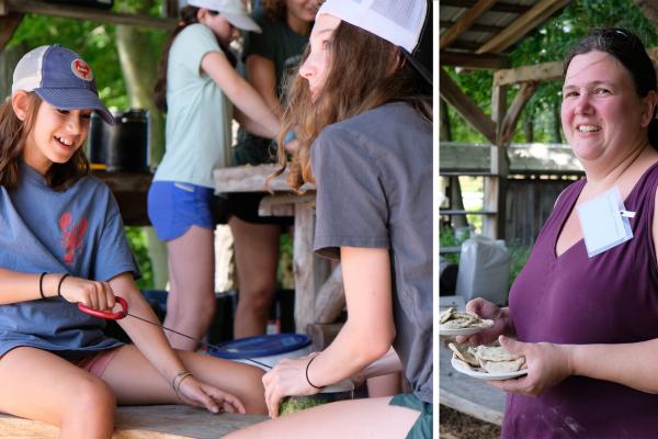 Campers and educators make pesto and mini flatbreads in outdoor kitchen