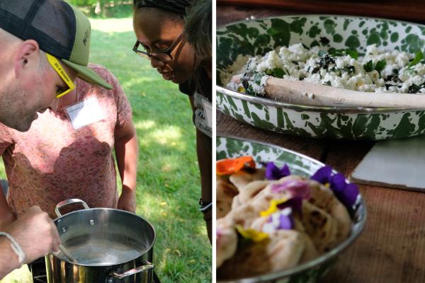 Educators make and serve fresh farmer's cheese in outdoor kitchen
