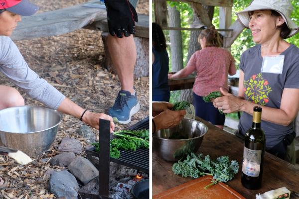 Educators make kale chips in outdoor kitchen