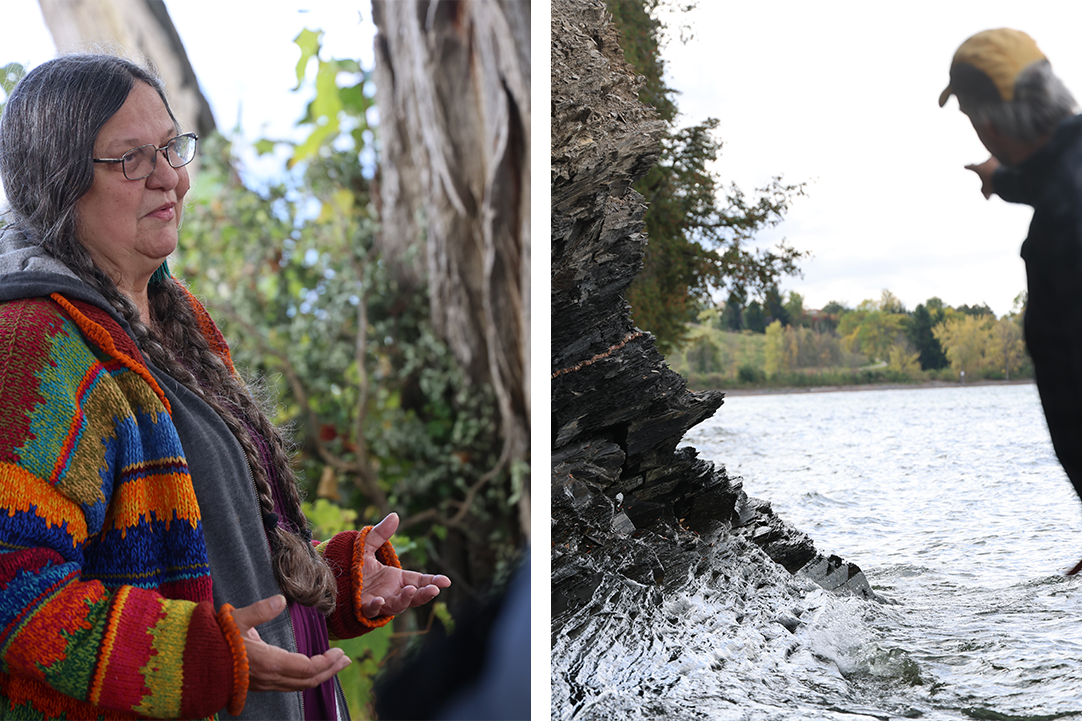 A collage of two images. At left, a woman in a colorful sweater speaks to a group on a forested shoreline. On right, a man points to trees in the distance along the rocky shoreline of Lake Champlain.